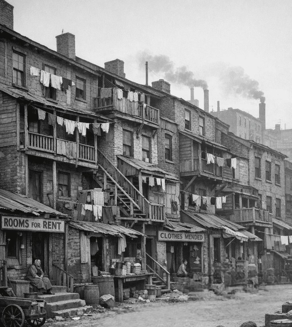 Historic black-and-white photo of crowded urban tenement buildings with laundry hanging outside.